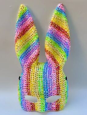 Crystal Bunny Ear Mask in Rainbow Stripes